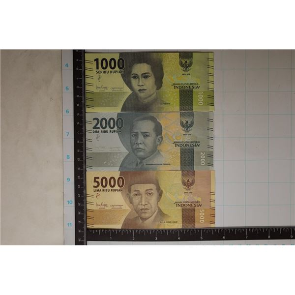 3-2016 INDONESIA BILLS: 1000, 2000 & 5000 RUPIAHS,