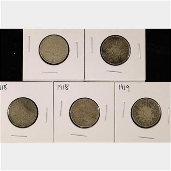 1916, 1917, 2-1918, & 1919 FRANCE SILVER 1 FRANC