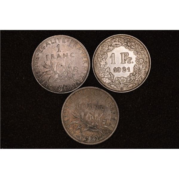 1918 & 1919 FRANCE SILVER 1 FRANC & 1921 SWISS 1