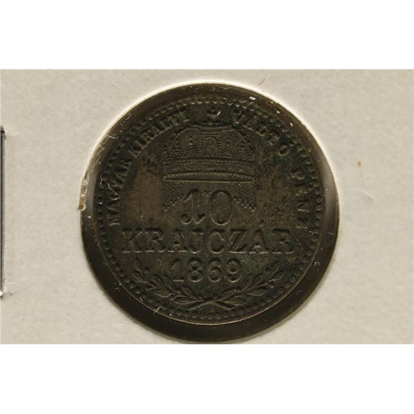 1869 HUNGARY SILVER 10 KRAJCZAR .0213 OZ. ASW XF+