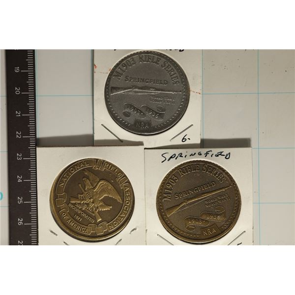 3-M1903 SPRINGFIELD RIFLE NRA TOKENS: 2 BRASS &