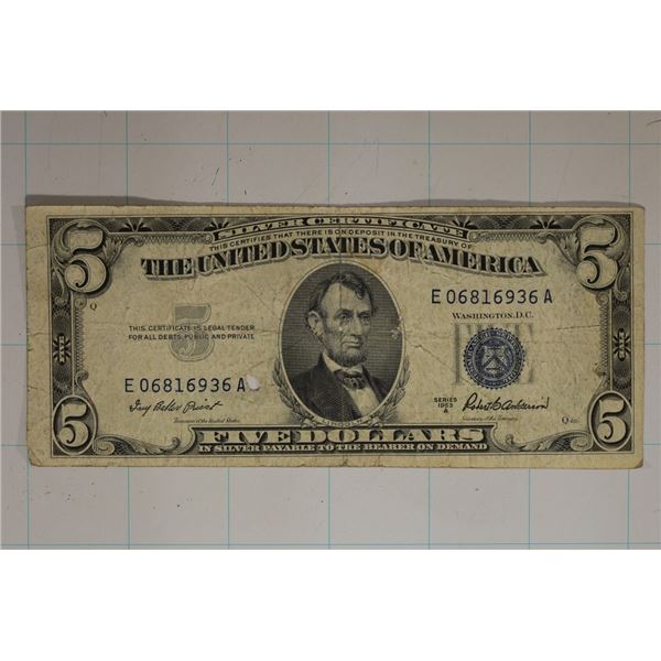 1953-A US $5 SILVER CERTIFICATE WITH 4 SMALL HOLES
