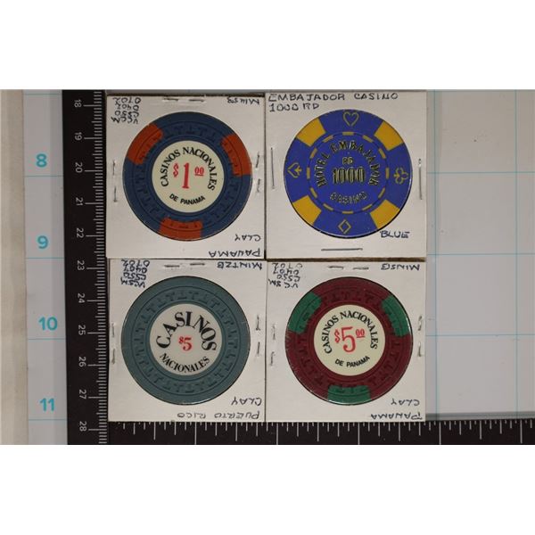 4 FOREIGN CASINO CHIPS: PANAMA CITY $1 & $5 FROM