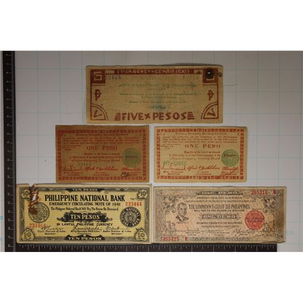 5 PHILIPPINES EMERGENCY GUERRILLA MONEY BILLS: