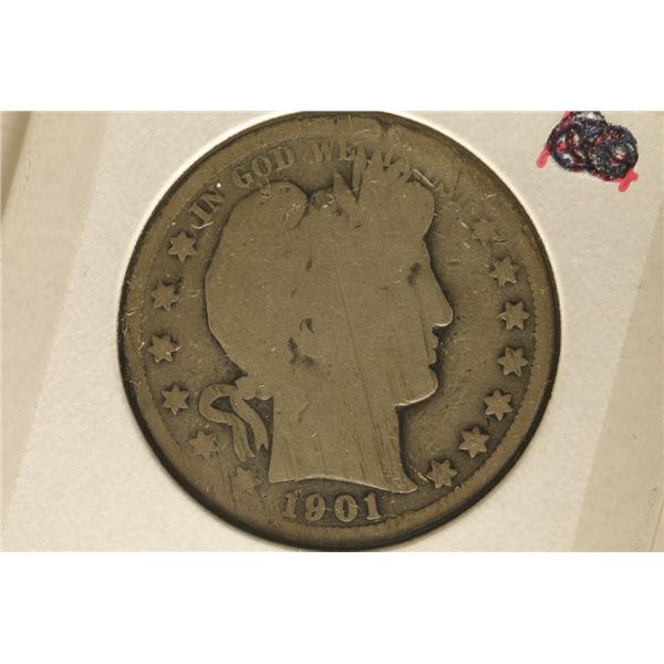 1901 SILVER BARBER HALF DOLLAR SCRATCHED ON THE