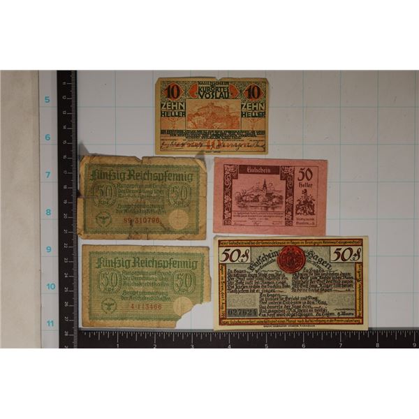 5 GERMAN NOTGELD BILLS: TEARS, RIPS AND MISSING