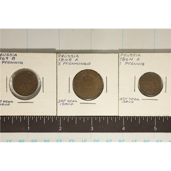 3-PRUSSIA COINS: 1864-A AU 1 PFENNIG, 1869-B TWO