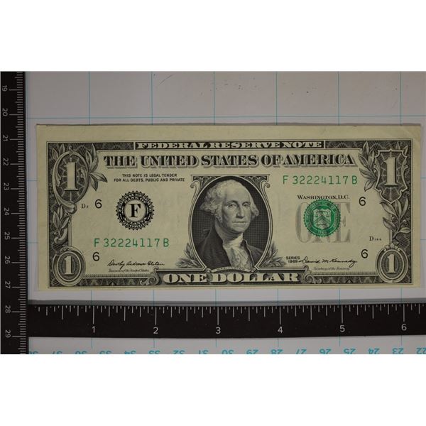 CU 1969 MISCUT US $1 FRN GREEN SEAL BILL SERIAL