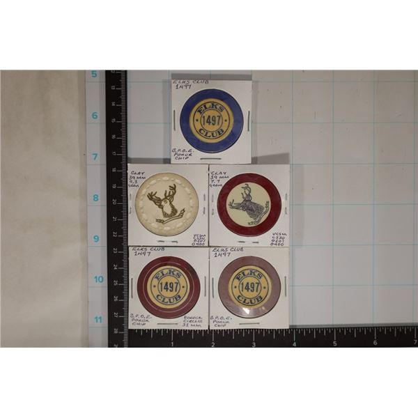 5-ELKS CLUB B.P.O.E. #1497 CLAY POKER CHIPS