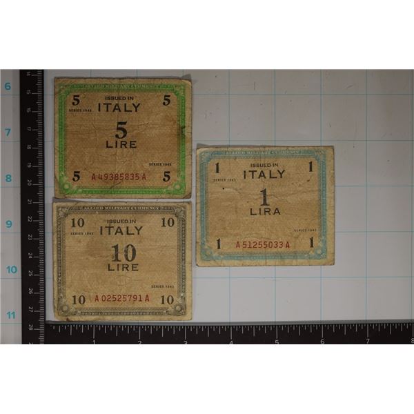 3-1943 ITALY MILITARY CURRENCY: 1, 5 & 10 LIRES