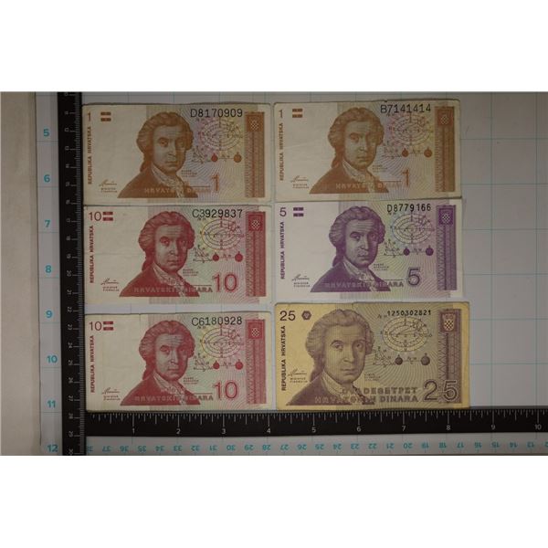 6-CROATIA BILLS FROM 1991: 2-ONE DINAR, 1-FIVE