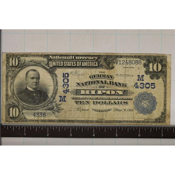 1910 US $10 NATIONAL CURRENCY GERMAN NATIONAL