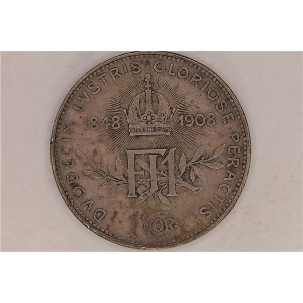 SILVER 1908 AUSTRIAN 1 CORONA COMMEMORATING