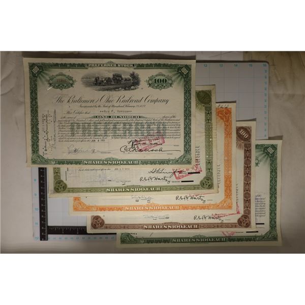5 VINTAGE STOCK CERTIFICATES BALTIMORE AND OHIO