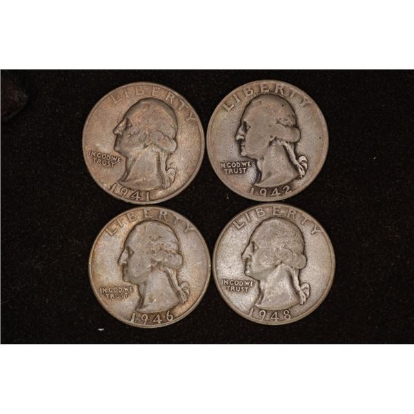 4-WASHINGTON SILVER QUARTERS: 1941, 42-D,