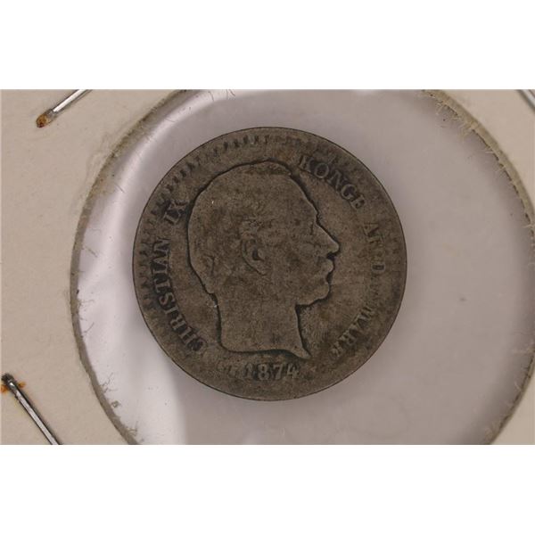1874 DENMARK SILVER 10 ORE .0186 OZ. ASW