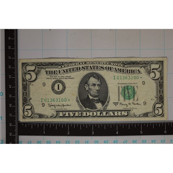 1963-A STAR NOTE US $5 FRN GREEN SEAL BILL CRISP