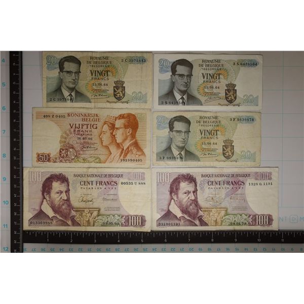 6-BELGIUM BILLS: 3-1964 TWENTY FRANCS, 1-1966-