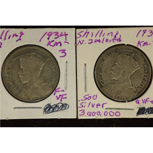 2-NEW ZEALAND SILVER SHILLINGS: 1933 & 1934