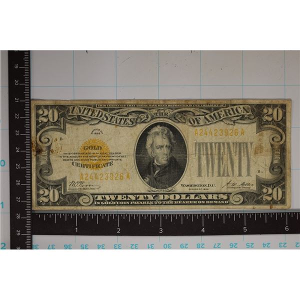 1928 US $20 GOLD CERTIFICATE SMALL SIZE BILL WITH