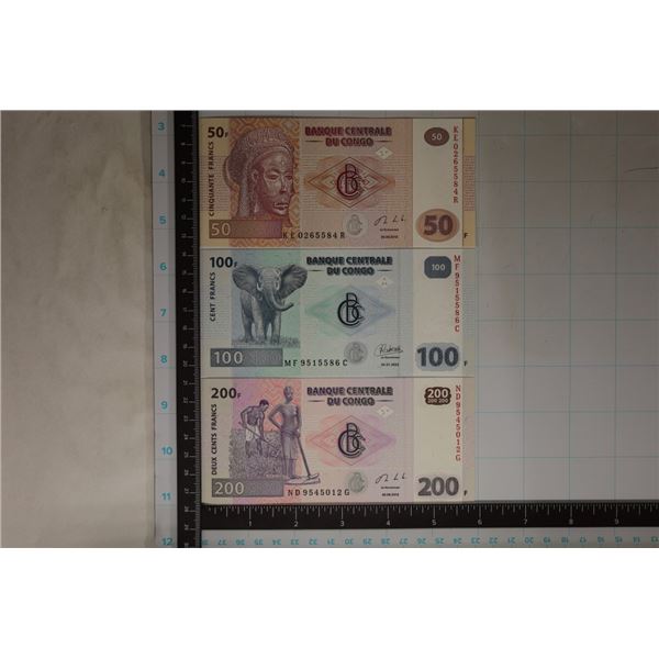 3-CRISP UNC CONGO BANK NOTES: 2013-50 FRANCS,