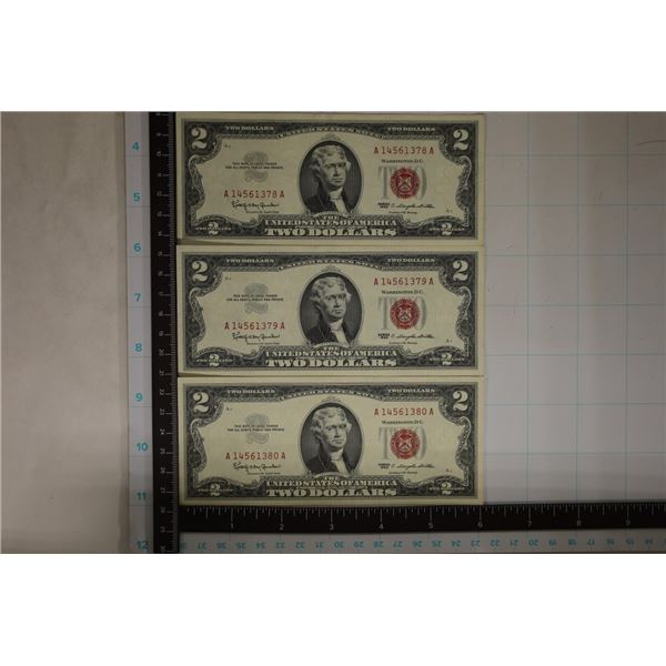 3-CU CONSECUTIVE SERIAL # US RED SEAL $2 BILLS