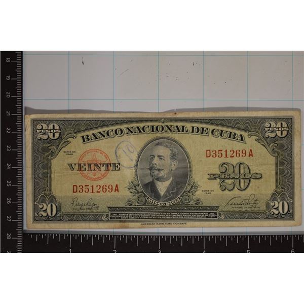 1949 CUBA 20 PESO BILL WITH INK ON OBVERSE.