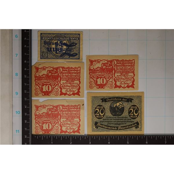 5-AUSTRIA HELLER NOTGELDS: 4-10 HELLER AND 1-20