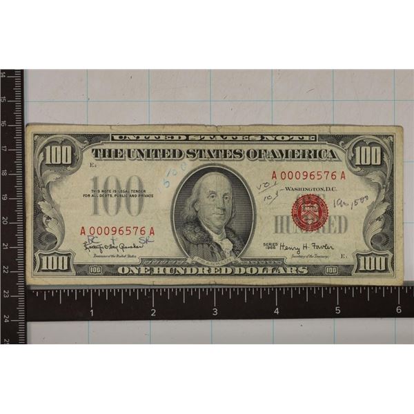 1966 US $100 BILL RED SEAL INK ON OBVERSE & REV.
