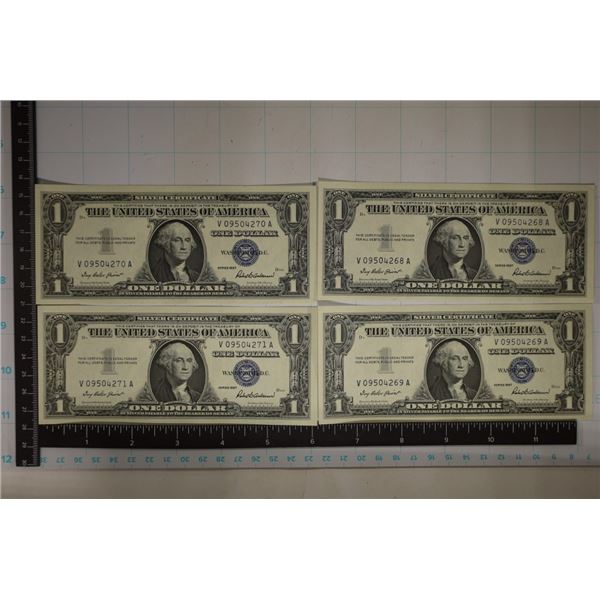 4-CU CONSECUTIVE SERIAL # US $1 SILVER CERT,