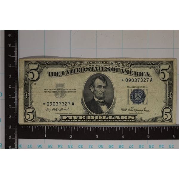 1953 US STAR NOTE $5 SILVER CERT. BLUE SEAL