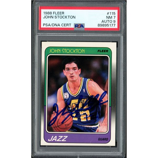 1988 FLEER NO.115 JOHN STOCKTON SIGNED ROOKIE CARD PSA AUTO 9