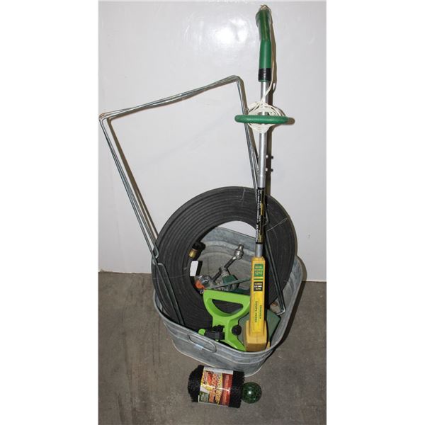 GALVANIZED TUB OF GARDEN AND LAWN CARE ITEMS