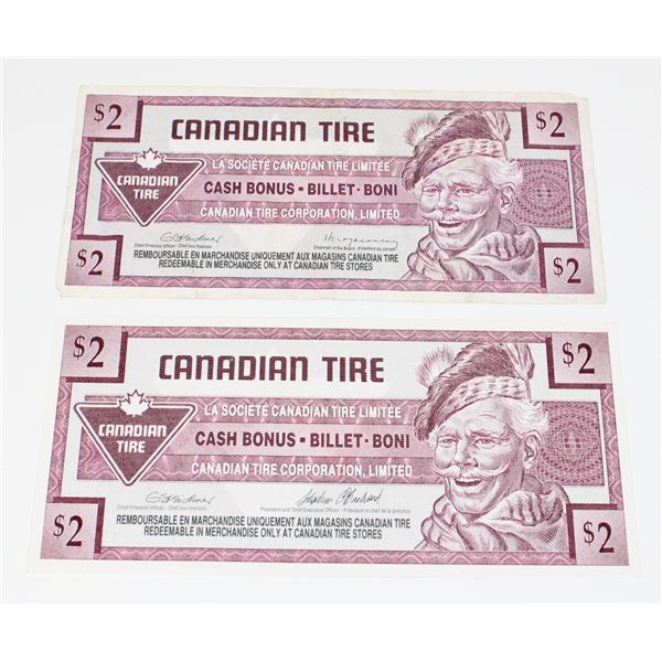 TWO 1992 CANADIAN TIRE $2 CASH BONUS BILLS
