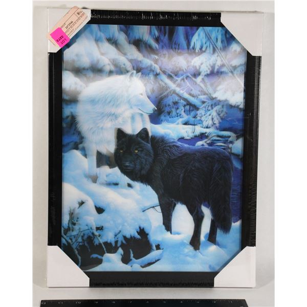 NEW 3D AFFECT BLACK AND WHITE WOLVES FRAMED