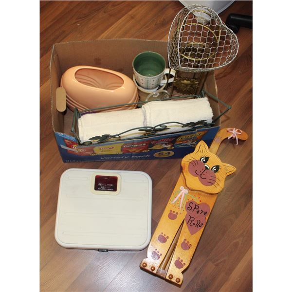 BOX OF ASSORTED BATHROOM ITEMS, TOWEL SHELF,