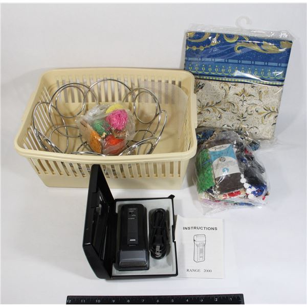 BASKET WITH NEW SHOWER CURTAIN, RAZOR,