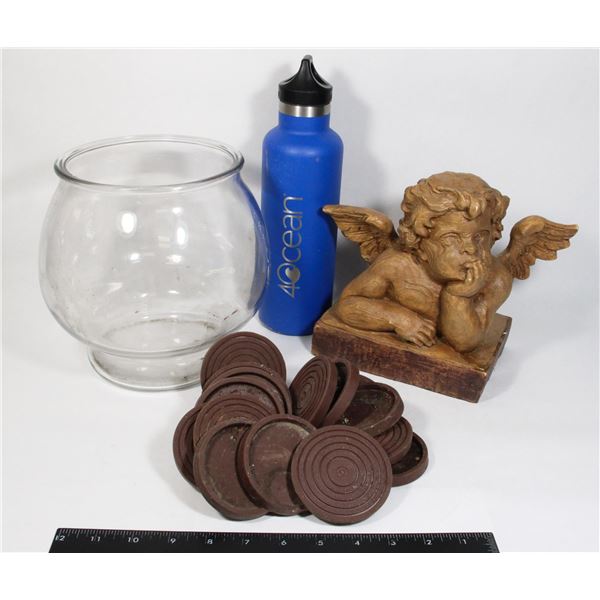 SMALL BOX OF HOME ITEMS INCLUDING CHERUB