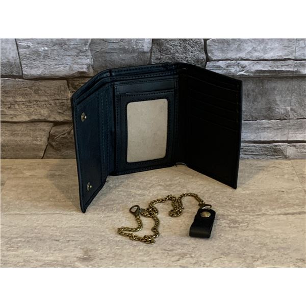 Trifold Vintage Leather Wallet with Chain - Black - Snap Closure - Brand New