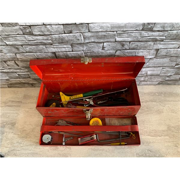 Red Metal Tool Box with Assorted Tools - 19"W x 6H x 6D