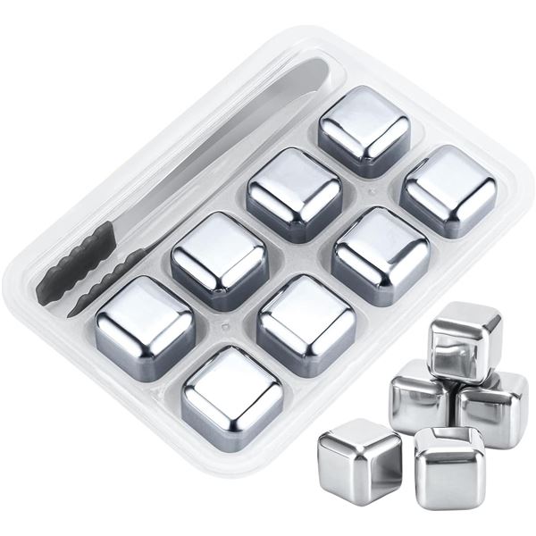 Stainless Steel Reusable Ice Cubes with Mini Tongs - 8Pcs - Brand New
