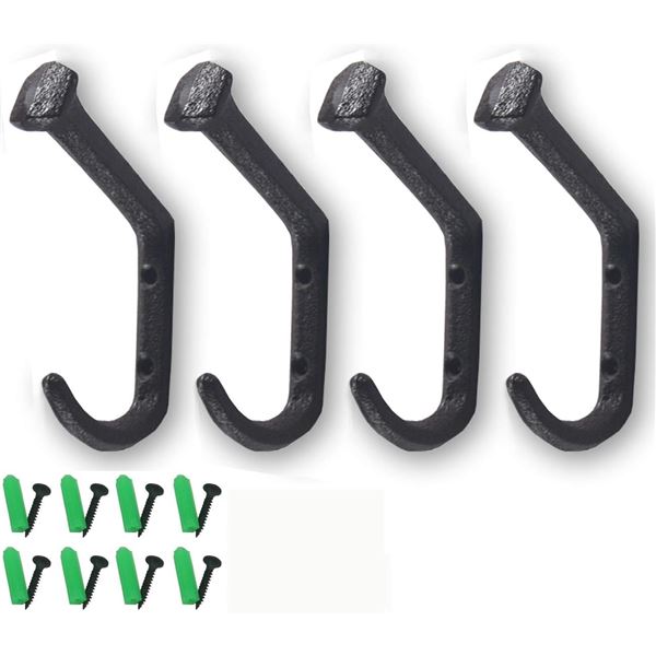 Wall-Mount Coat Hanger Hooks - Black - Cast Iron - 8Pcs - Brand New
