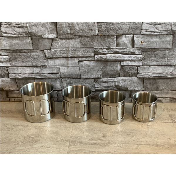 Stainless Steel Stacking Mugs with Folding Handles & Mesh Carrying Bag - Set of 4 - Brand New