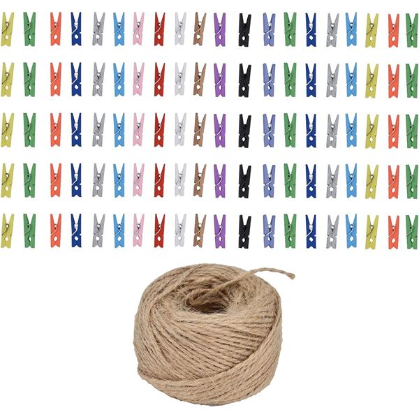 Mini Color Wood Photo Clips - 200 Pcs - 10m Rope - Brand New