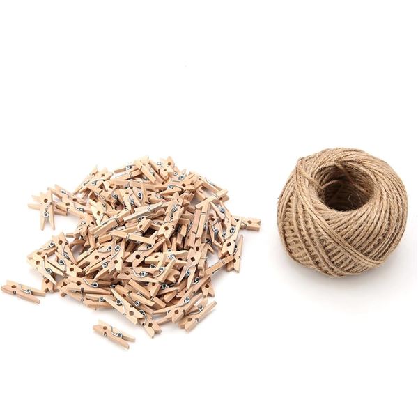 Mini Wood Photo Clips - 250 Pcs - 10m Rope - Brand New