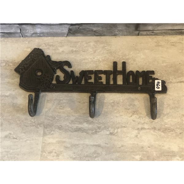 Cast Iron "Sweet Home" Coat Rack - 3 Hooks -12"W x 7"H - Brand New