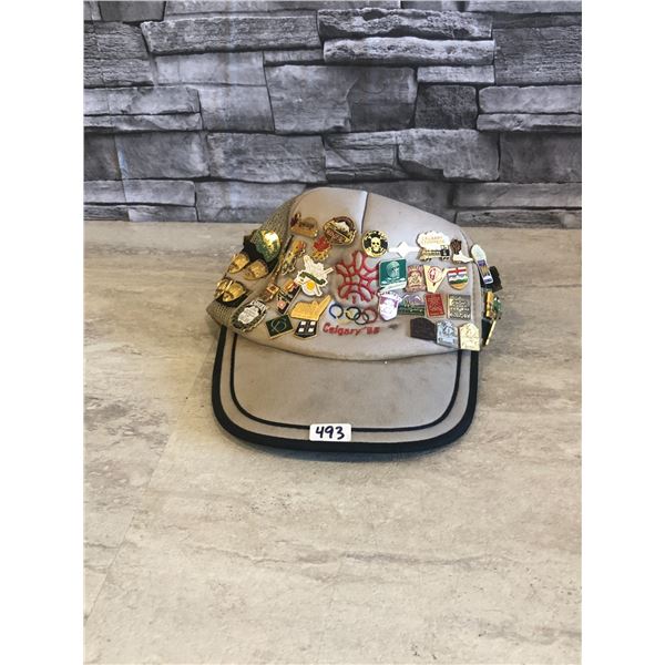 Vintage Hat - 1988 Calgary Olympics - 52 Assorted Vinatge Pins