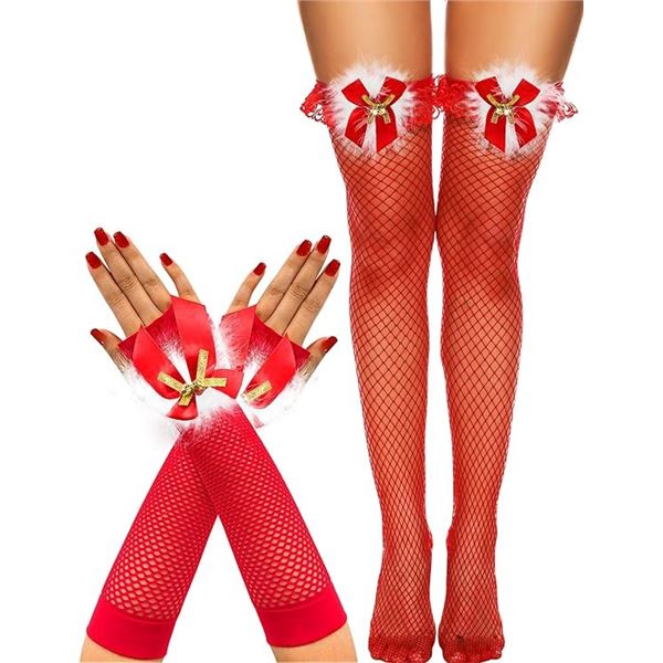 RSLove Women's Christmas Fishnet Thigh High Stockings and Santa Fingerless Gloves with Bow Bells - B