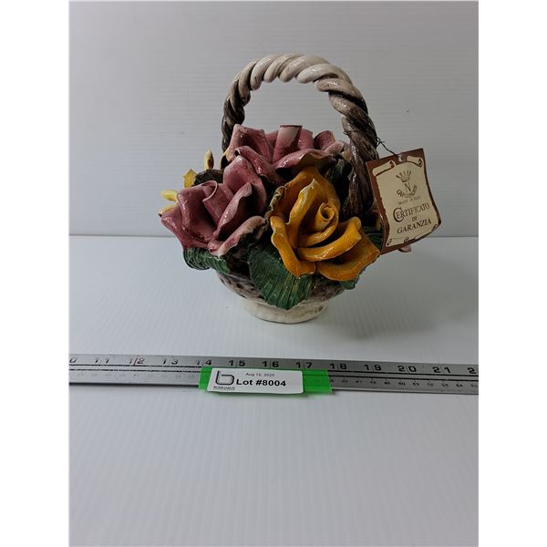 Porcelain Capodimonte Weaved Basket of Flowers - Made in Italy - 9" x 8" x 8"