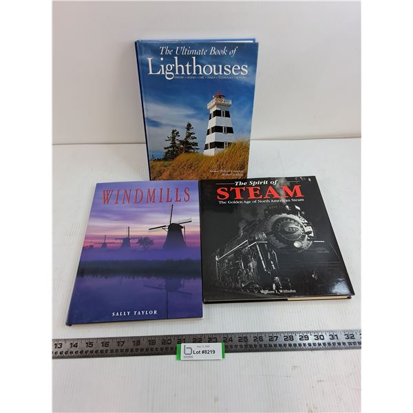 (3) Hard Cover Design Books (Lighthouses, Windmills, Steam Powered Trains)